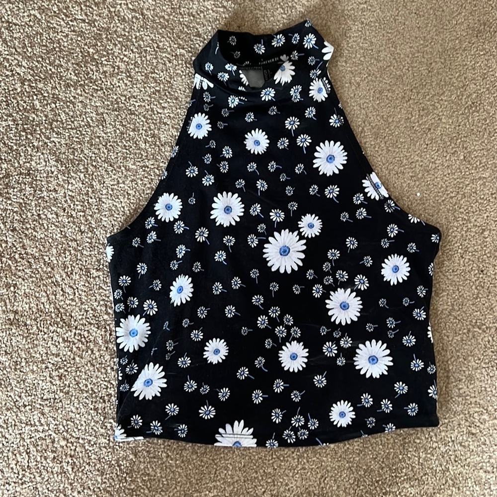 Navy and white flower crop top with high neckline, size junior large
